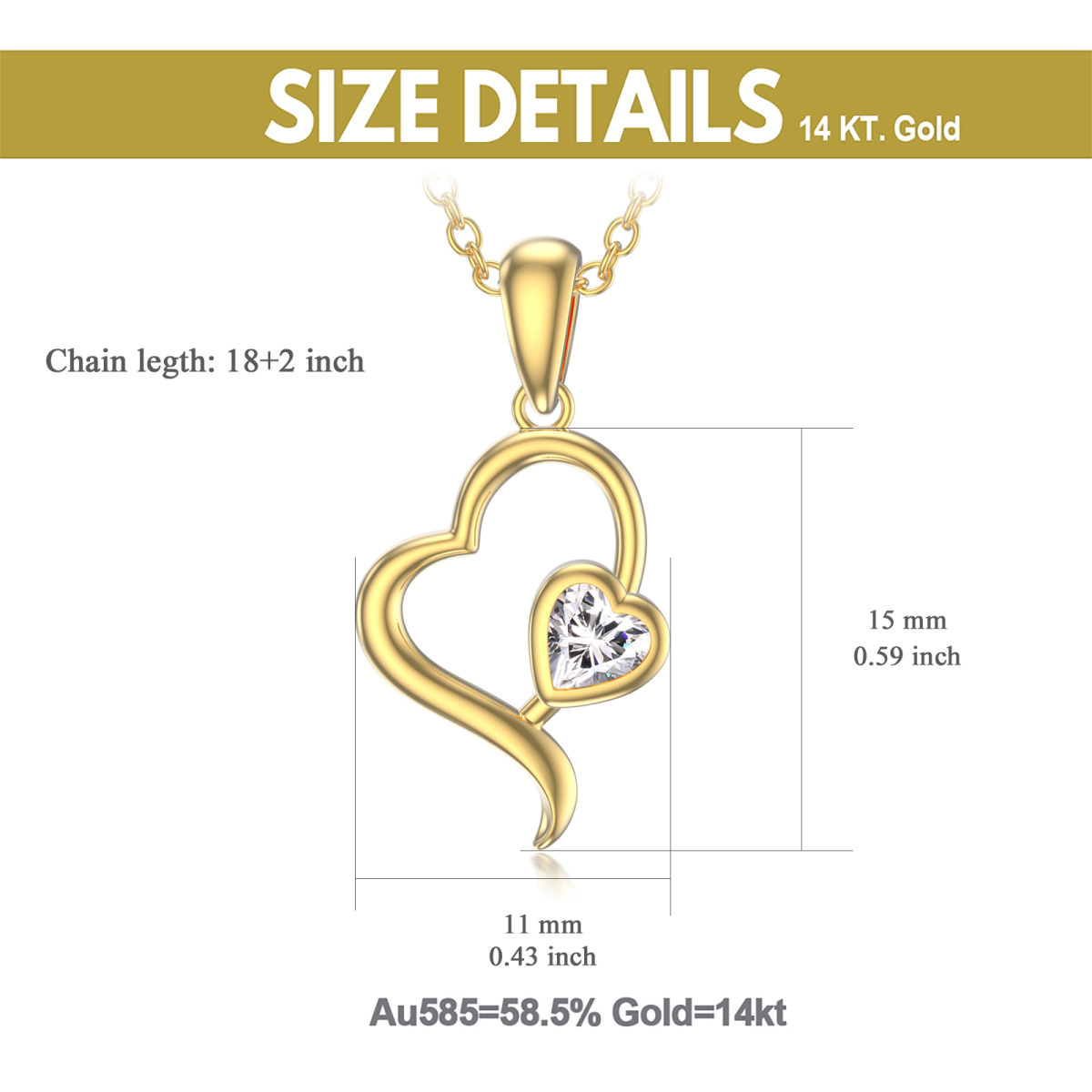 18K Gold Cubic Zirconia Heart Pendant Necklace-3