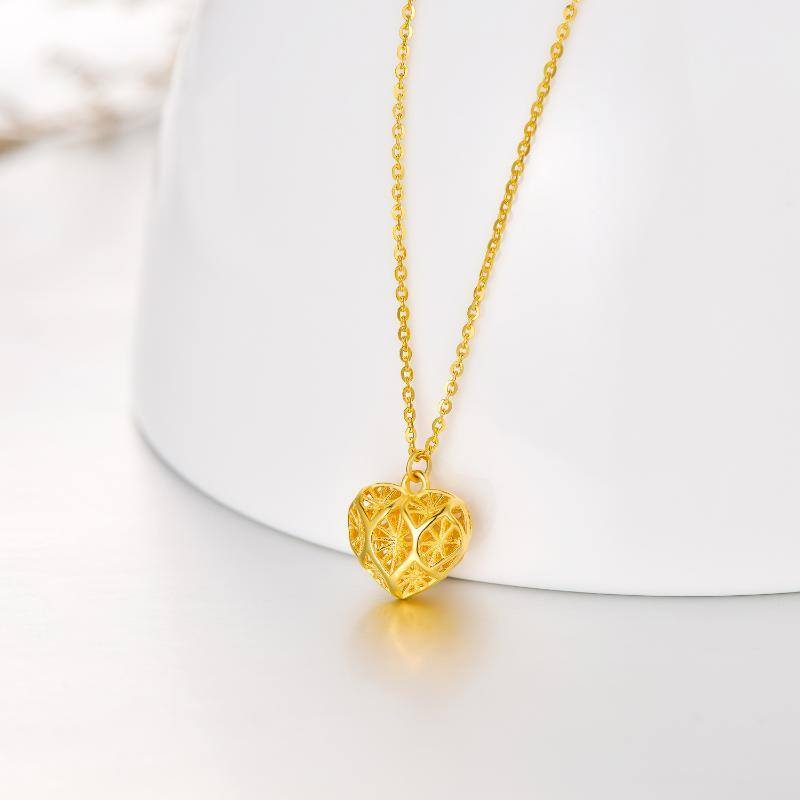 10K Gold Filigree Dainty Caged Heart Pendant Necklace-4