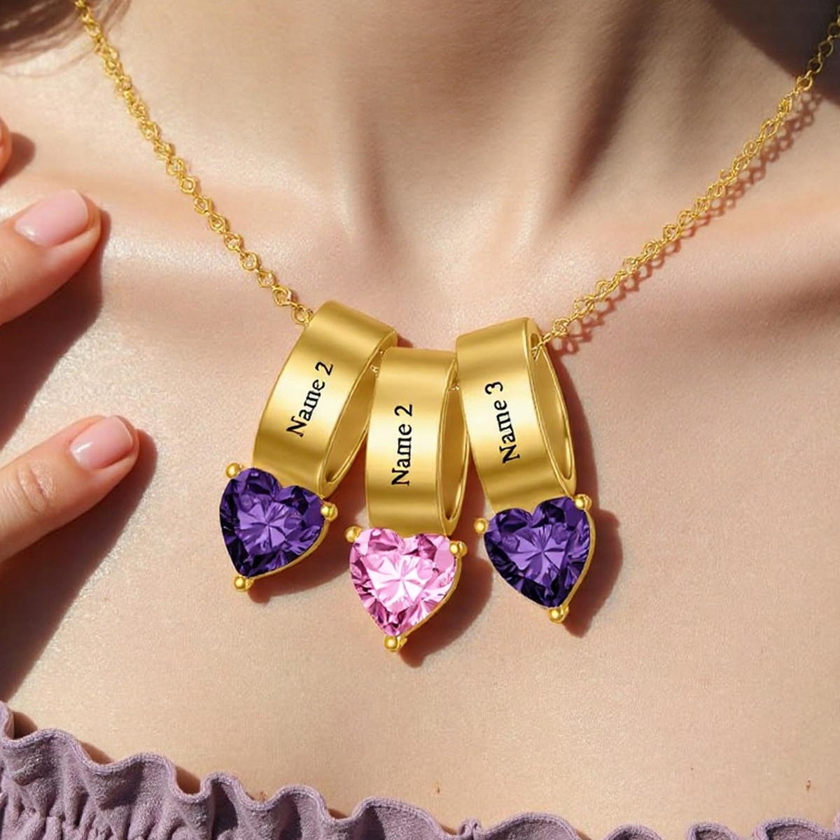 10 Karat Gold Herz Zirkonia Personalisierte Geburtsstein Klassische Namensanhänger Halskette für Frauen-2