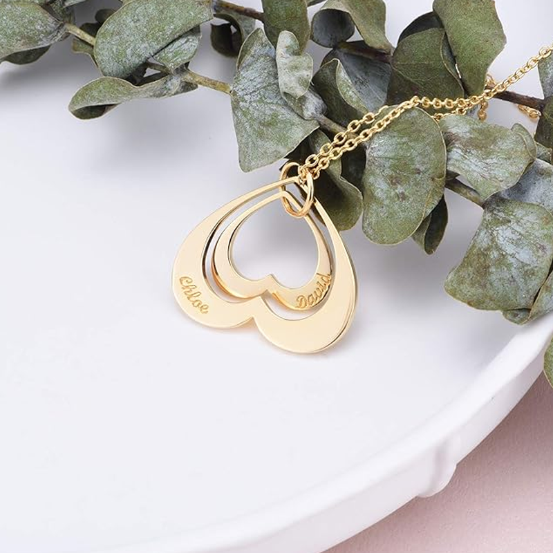 10K Gold Heart With Heart Personalized Name Plated Necklace for Women-2