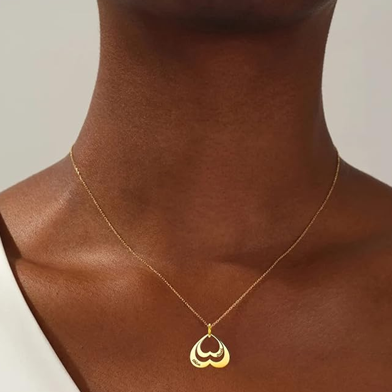 10K Gold Heart With Heart Personalized Name Plated Necklace for Women-3