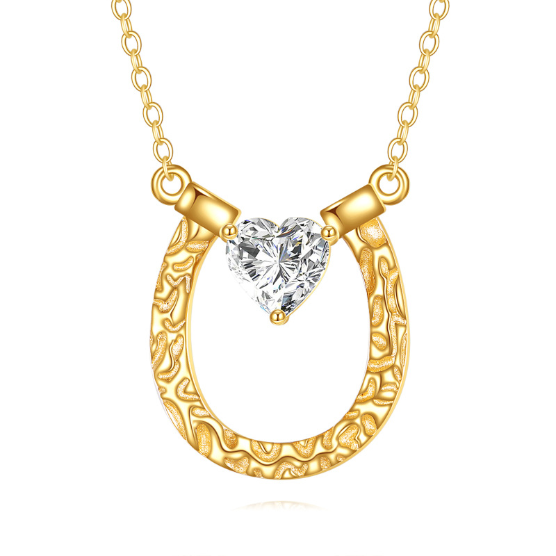 10K Gold Heart Shaped Moissanite Horseshoe Pendant Necklace-9