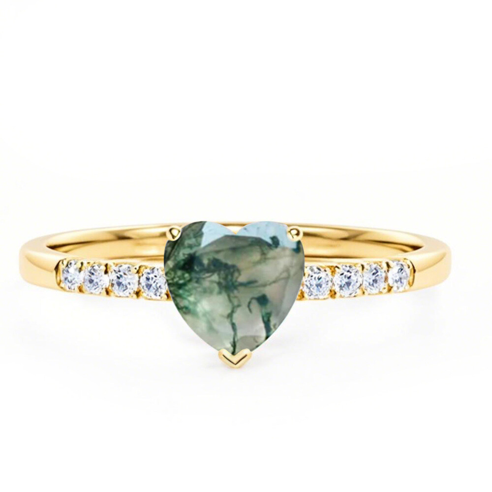 10K Gold Heart Shaped Moss Agate Personalized Engraving Engagement Ring Band-1