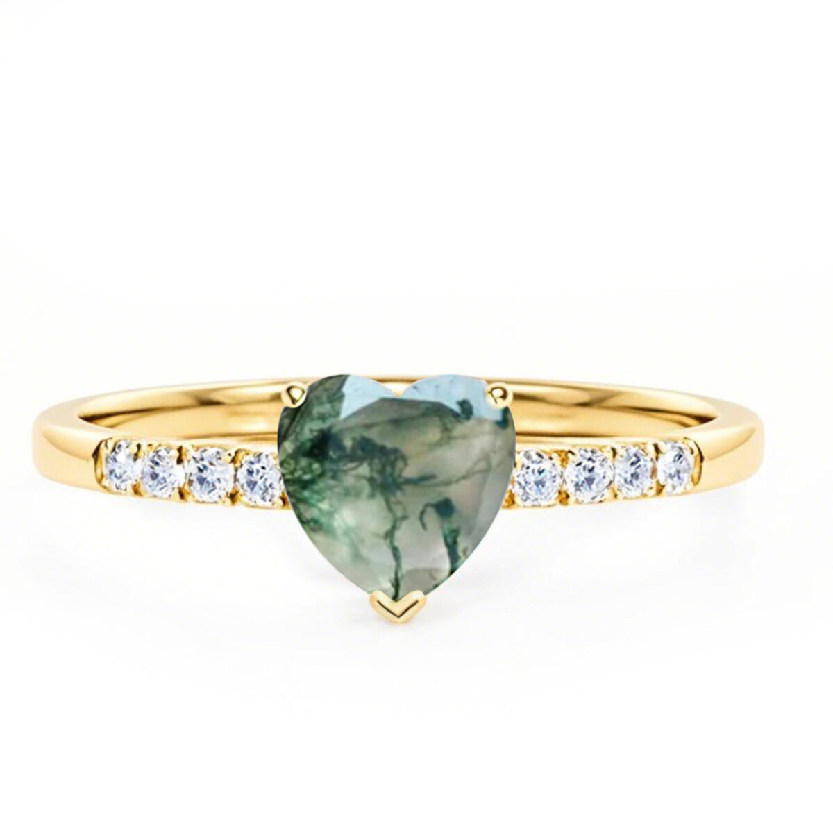 14K Gold Heart Shaped Moss Agate Personalized Engraving Engagement Ring Band-1