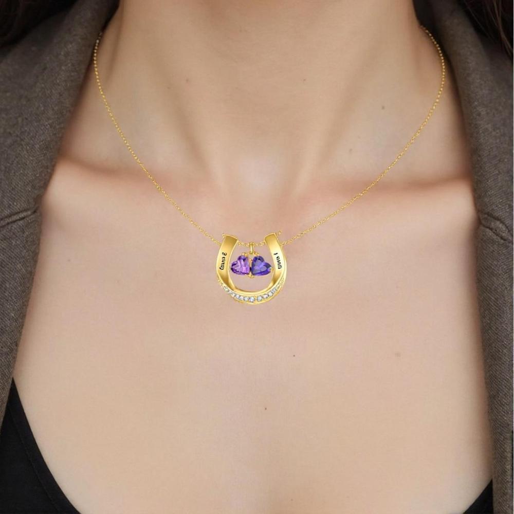 Colar com pingente de ferradura em formato de coração, zircônia cúbica, pedra de nascimento personalizada, nome clássico, ouro 10K-2
