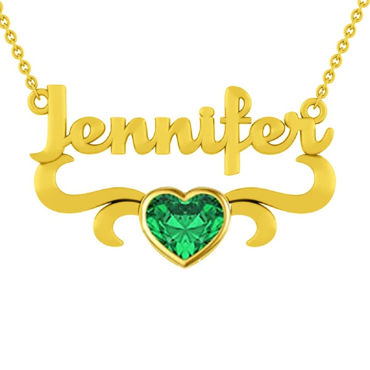 10K Gold Heart Shaped Zircon Personalized Birthstone & Personalized Classic Name Pendant Necklace-1