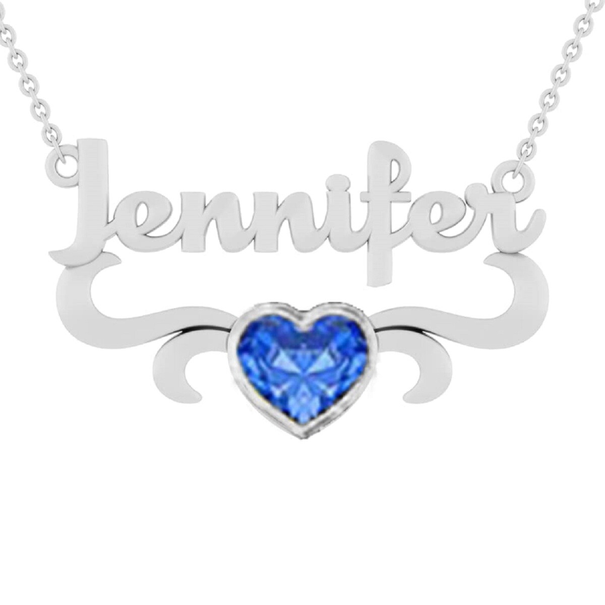 14K White Gold Heart Shaped Zircon Personalized Birthstone & Personalized Classic Name Pendant Necklace-1