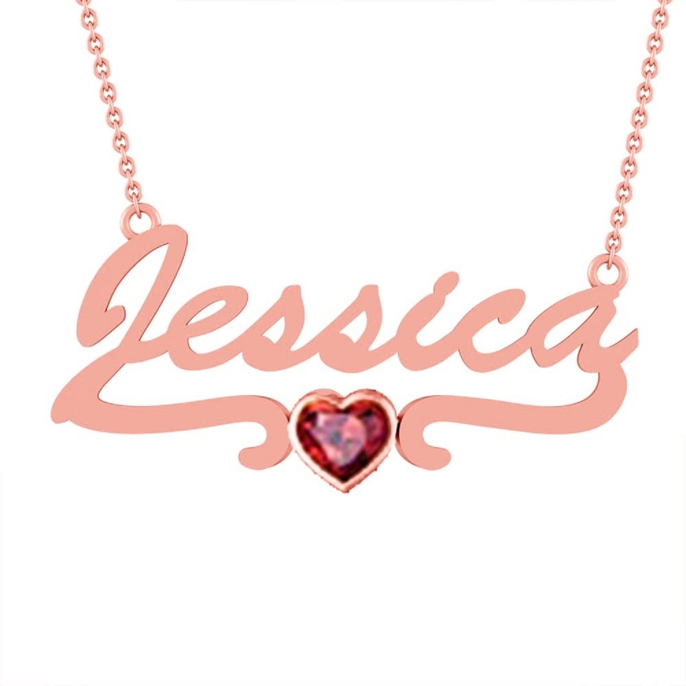 10K Rose Gold Heart Personalized Birthstone & Personalized Classic Name Pendant Necklace For Women-1
