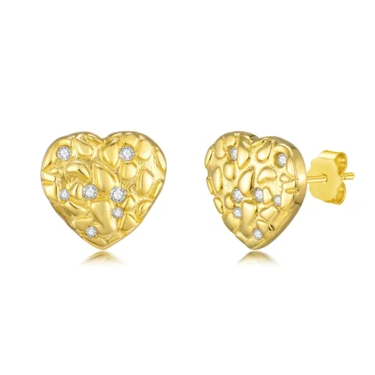 Sterling Silver with Yellow Gold Plated Cubic Zirconia Heart Stud Earrings for women