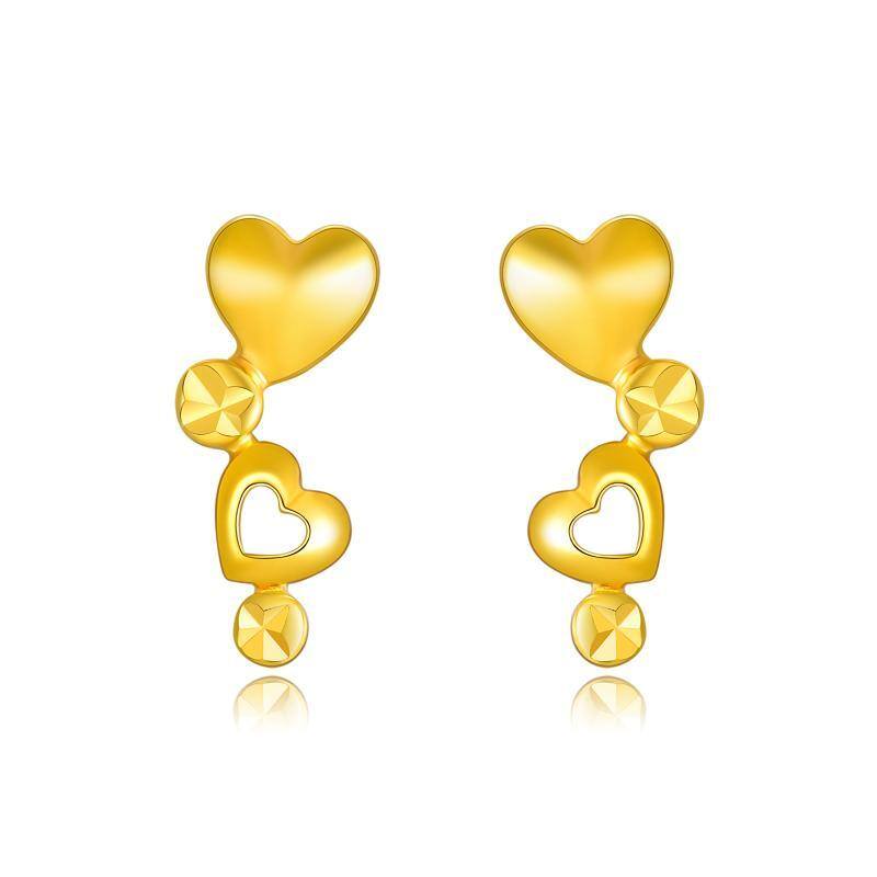 10K Yellow Gold Heart With Heart Stud Earrings For Women-57