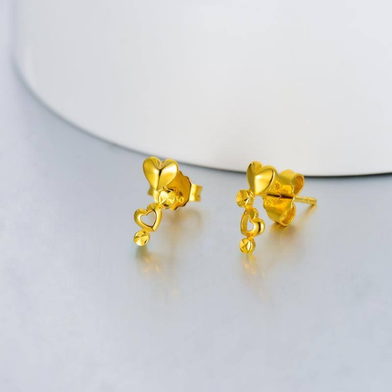 Coração em ouro amarelo 18K com brincos de coração para mulheres-4