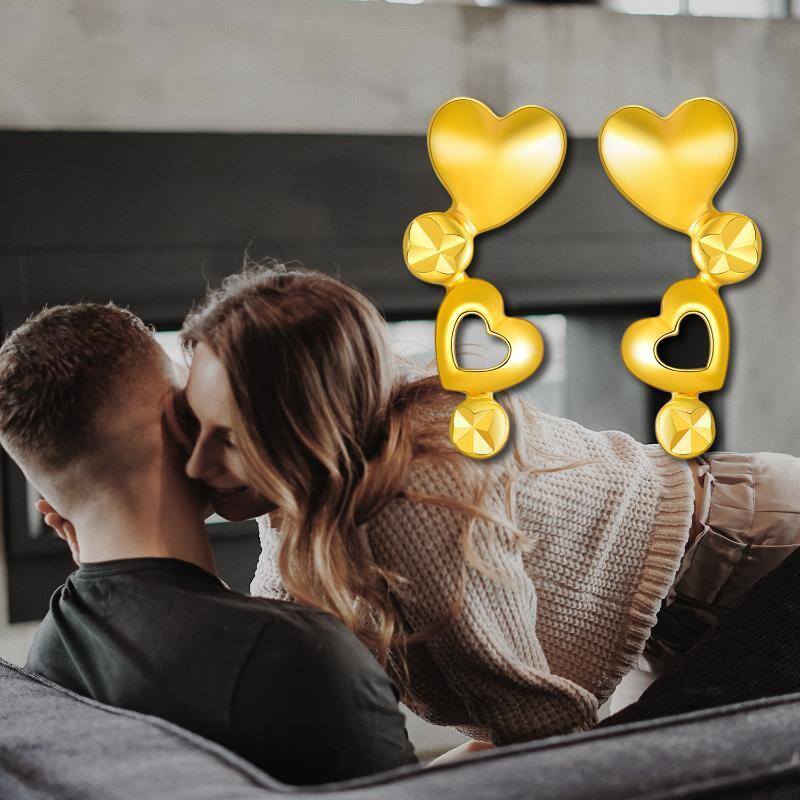 10K Yellow Gold Heart With Heart Stud Earrings For Women-5