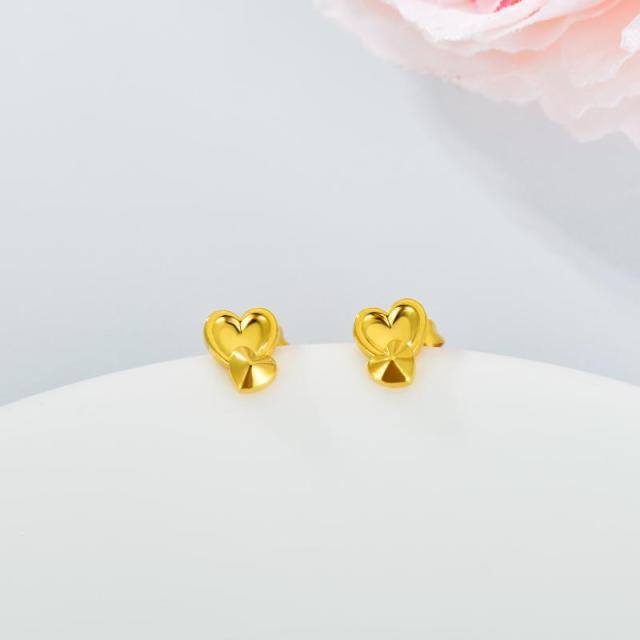 18K Gold Heart With Heart Stud Earrings-3