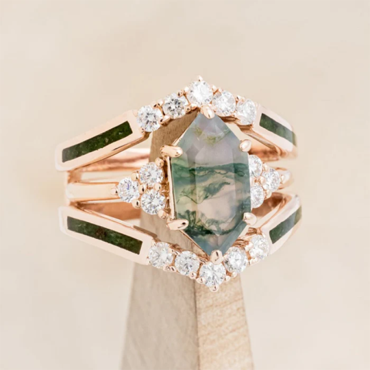 Sterling Silver with Yellow Gold Plated Hexagon Cut Moss Agate Engagement Ring