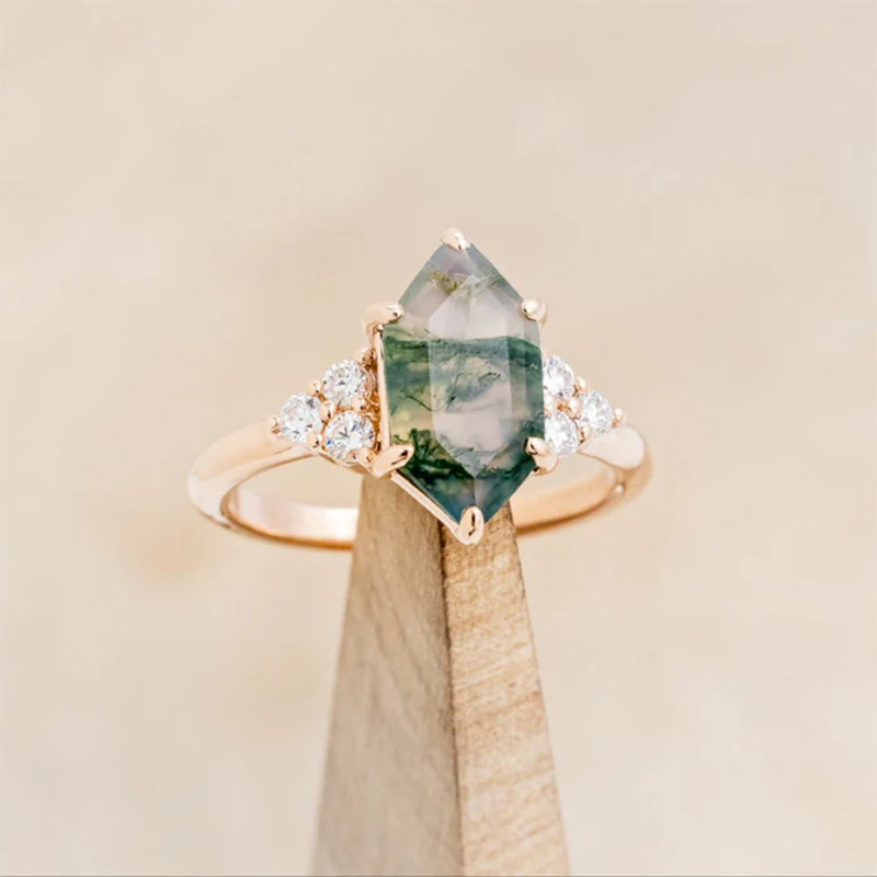 Pierścionek zaręczynowy ze srebra próby 925 z żółtym złotem, z sześciokątnym szlifem i agatem mszystym-2