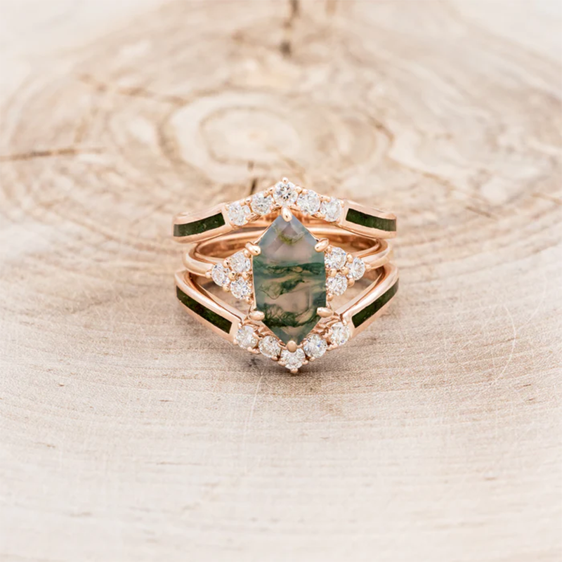Anillo de compromiso de ágata musgosa de corte hexagonal en plata de ley con baño de oro amarillo-3