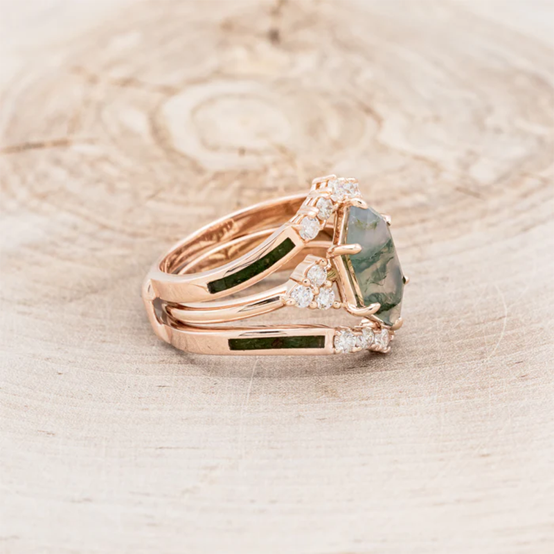 Pierścionek zaręczynowy ze srebra próby 925 z żółtym złotem, z sześciokątnym szlifem i agatem mszystym-4