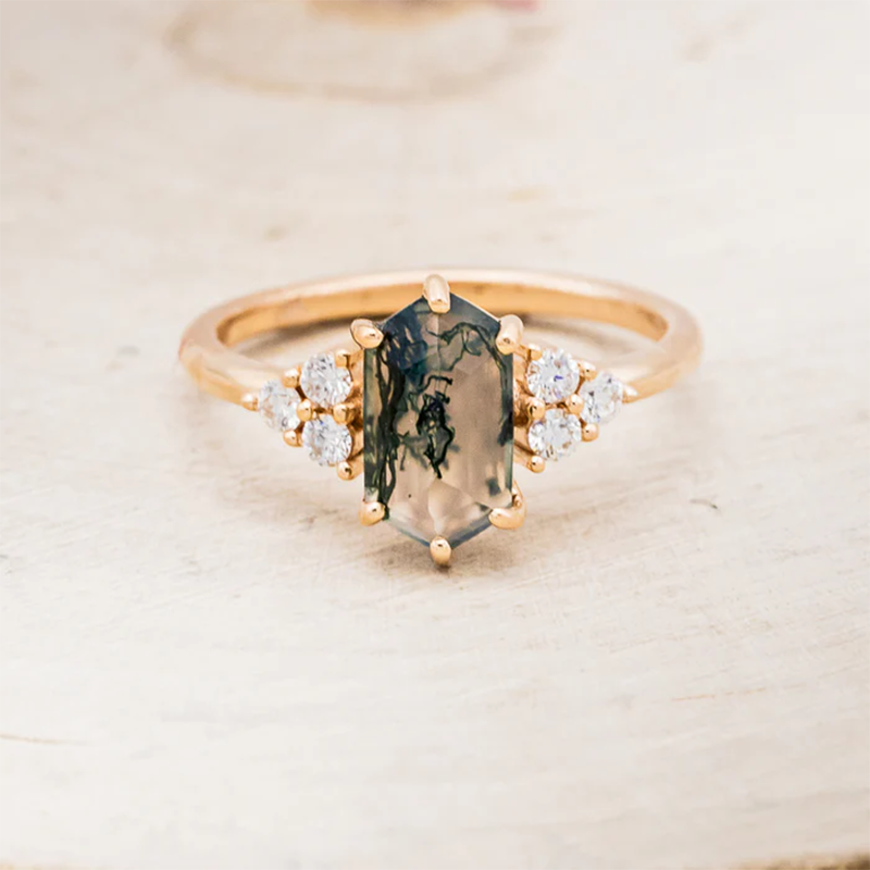 Anillo de compromiso de ágata musgosa de corte hexagonal en plata de ley con baño de oro amarillo-8