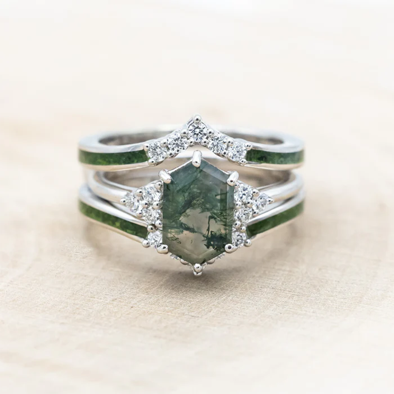 Anillo de compromiso de ágata musgosa de corte hexagonal en plata de ley con baño de oro amarillo-11