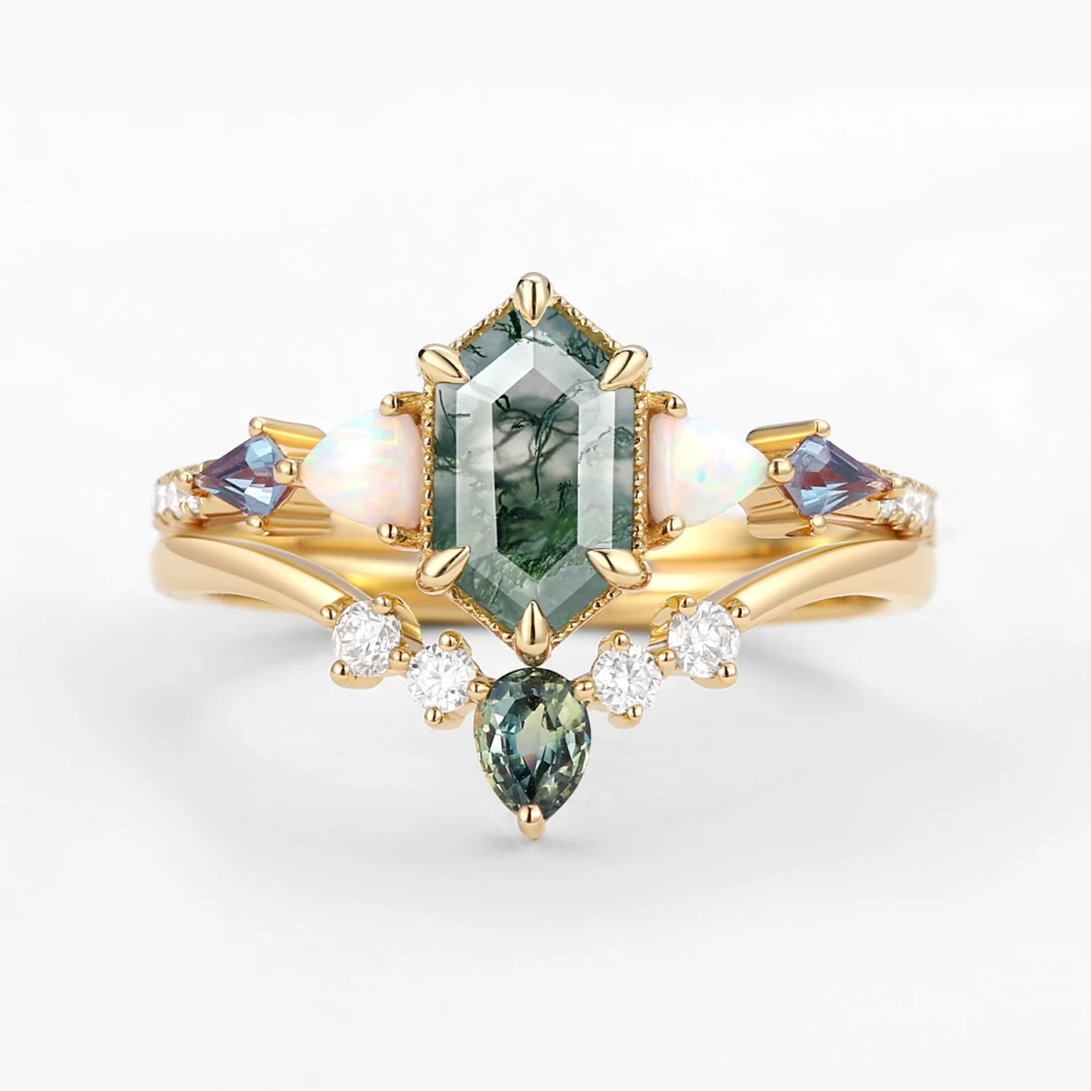 Anillo de ágata musgosa con corte hexagonal en oro de 10 quilates-1