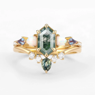 Sterling Silver with Yellow Gold Plated Hexagon Cut Moss Agate Ring-5