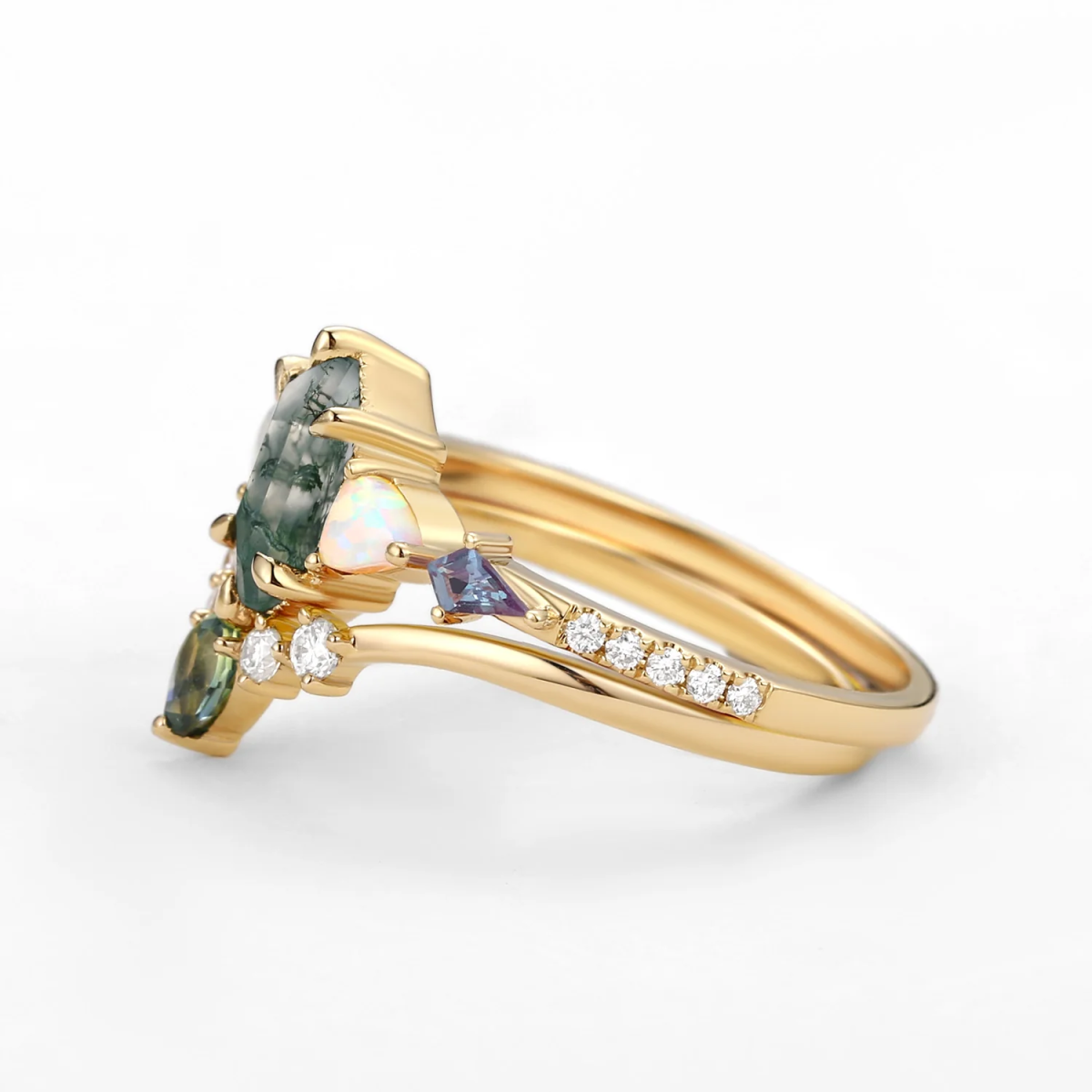 Anillo de ágata musgosa con corte hexagonal en oro de 10 quilates-4