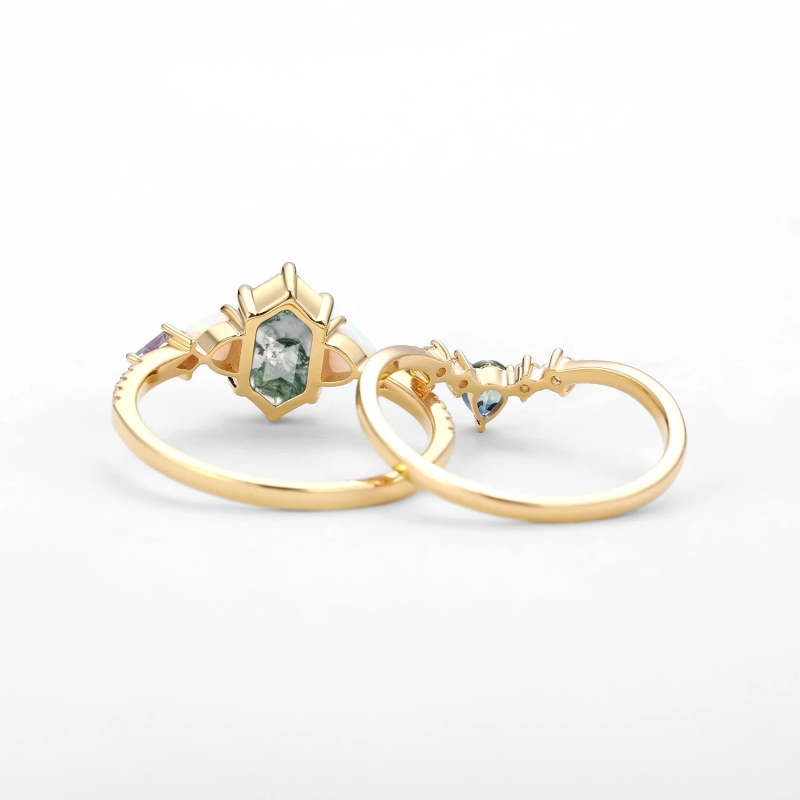 Sterling Silver with Rose Gold Plated Hexagon Cut Moss Agate Ring-4