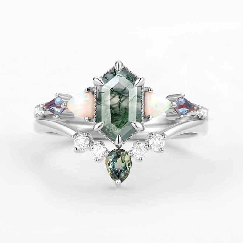 Sterling Silver with Rose Gold Plated Hexagon Cut Moss Agate Ring-5