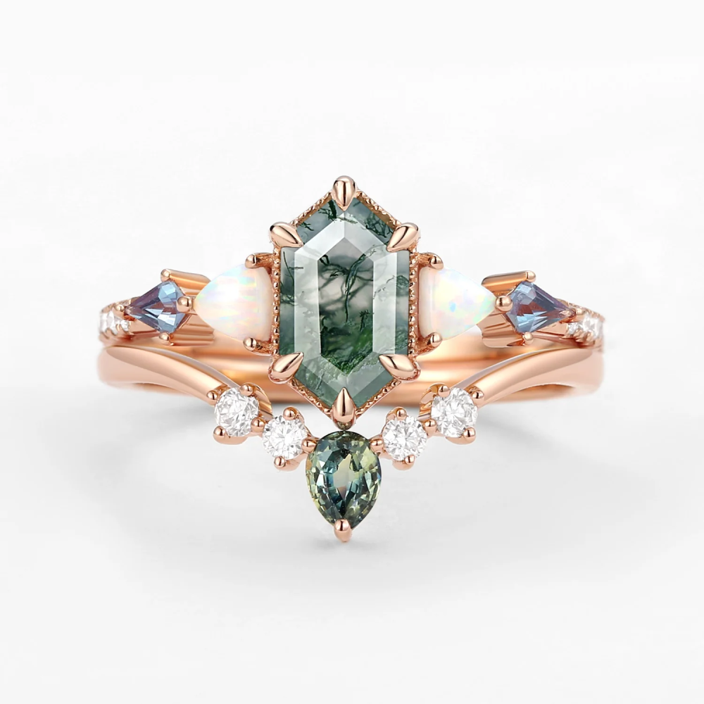 Sterling Silver with Yellow Gold Plated Hexagon Cut Moss Agate Ring-6