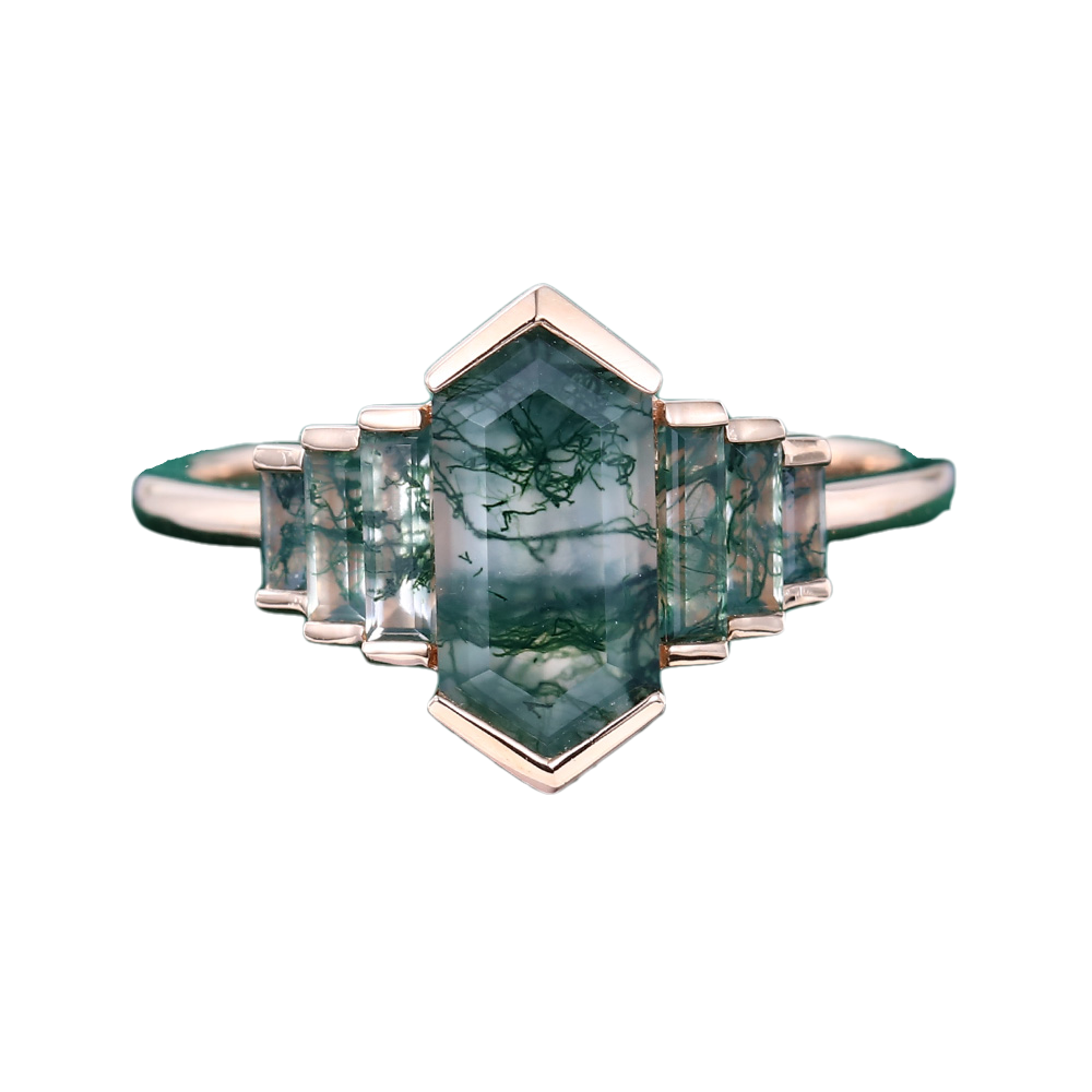Anillo de ágata musgosa con corte hexagonal en oro de 10 quilates-1