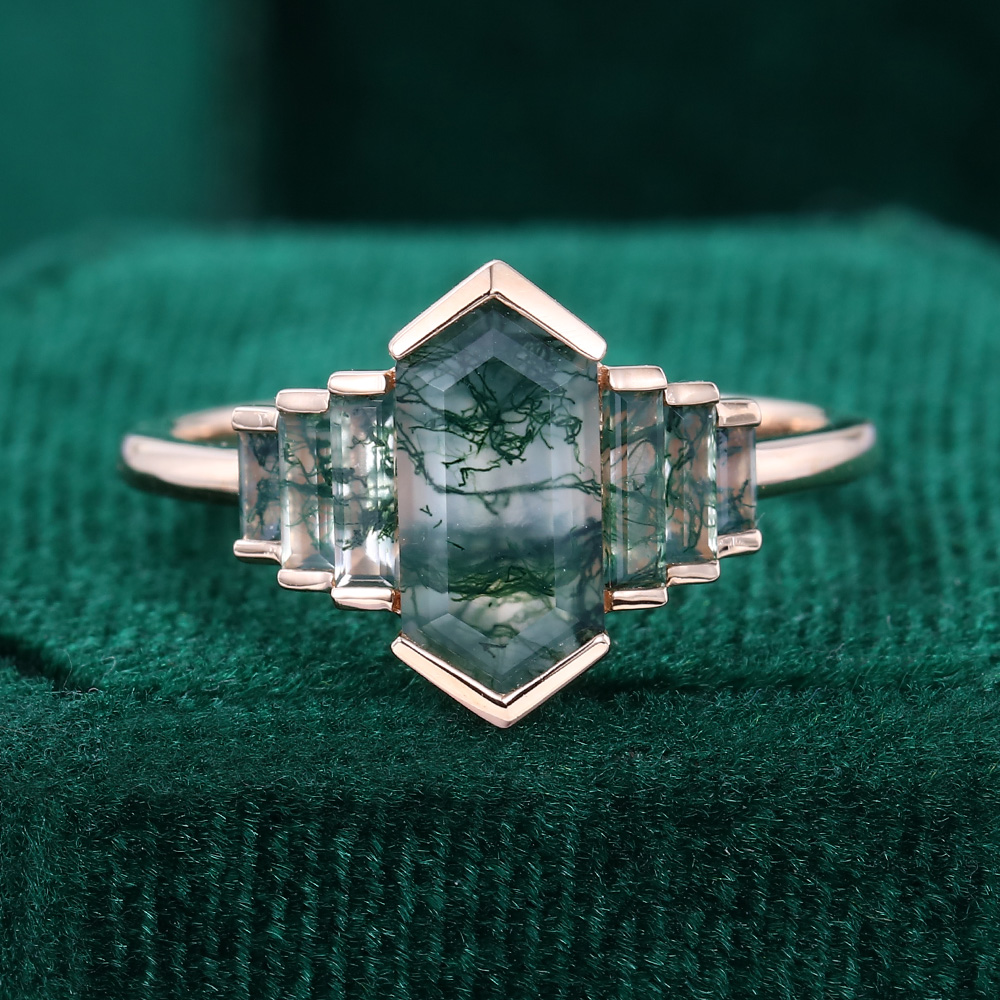 Anillo de ágata musgosa con corte hexagonal en oro de 10 quilates-3