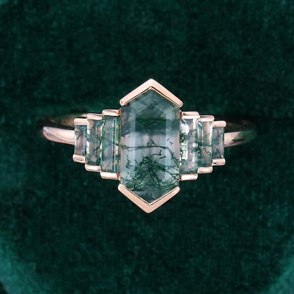 Anillo de ágata musgosa con corte hexagonal en oro de 10 quilates-4