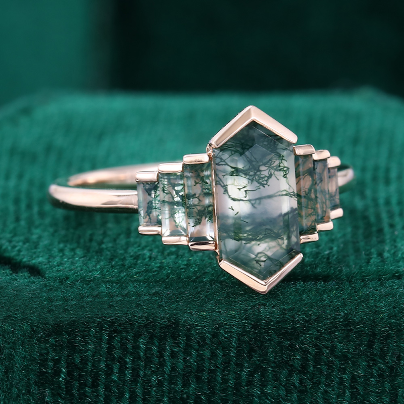 Sterling Silver with Rose Gold Plated Hexagon Cut Moss Agate Ring-5