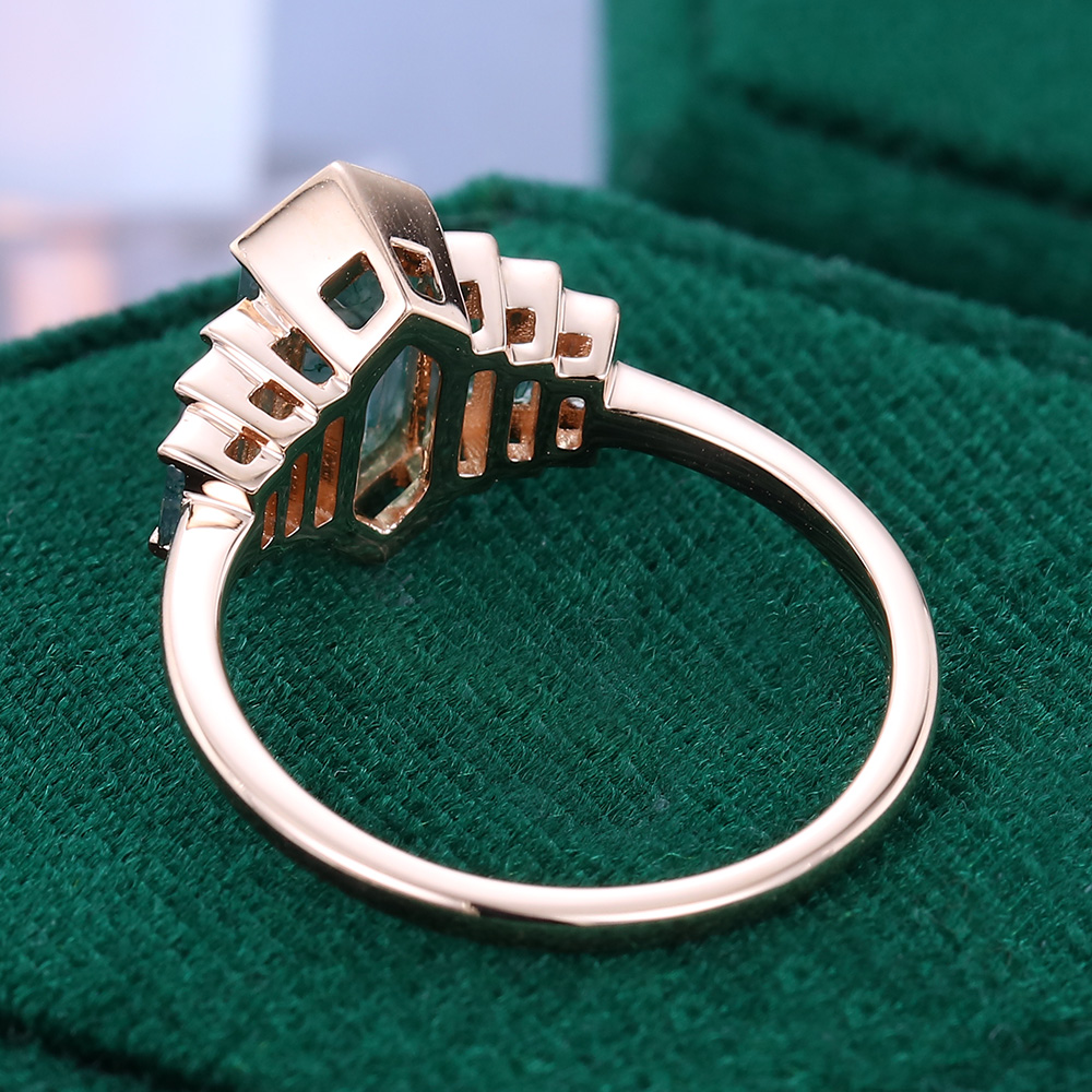 Anillo de ágata musgosa con corte hexagonal en oro de 10 quilates-7