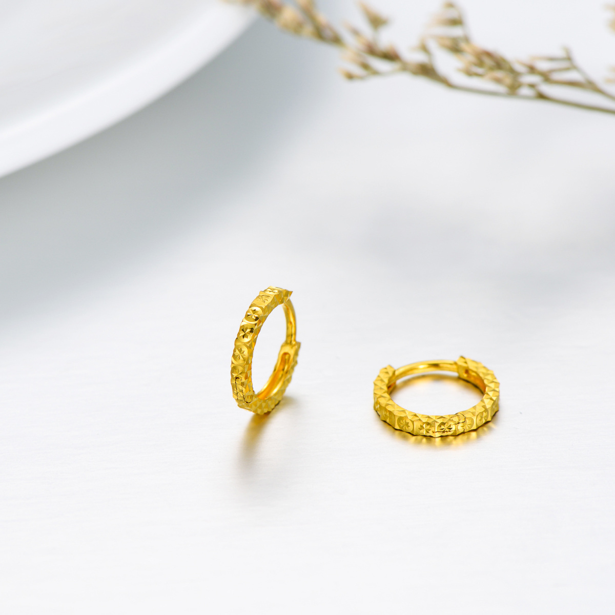 10K Gold Diamond Round Hoop Earrings-3