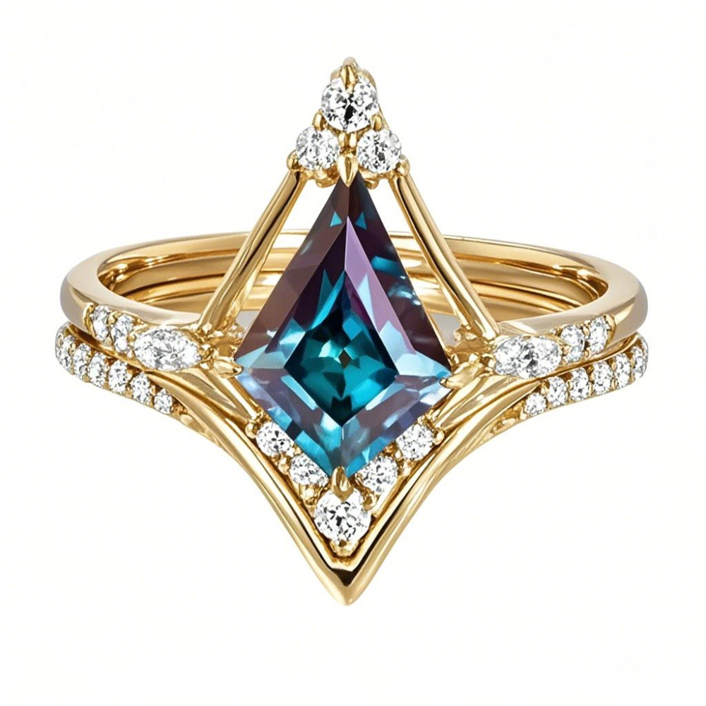 10K Gold Kite Cut Alexandrite Engagement Ring Set with Moissanite-1