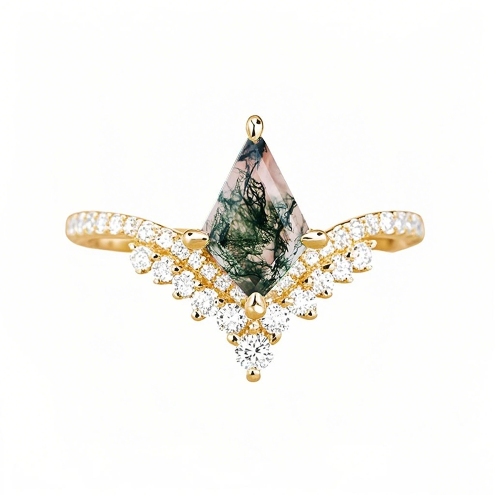 Anillo de compromiso de oro de 10 quilates con ágata verde musgo y corte de cometa, corona nupcial, anillo de racimo-1