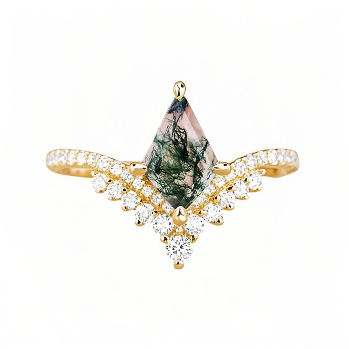 10K Gold Kite Cut Green Moss Agate Engagement Ring Crown Bridal Wedding Cluster Ring-1