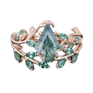 Sterling Silver with Yellow Gold Plated Kite Cut Leaves Moss Agate Bridal Set-2