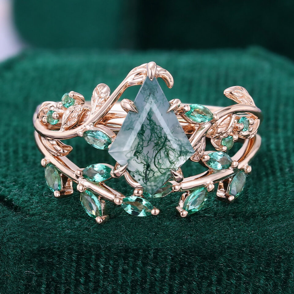 14K Gold Kite Cut Leaves Moss Agate Bridal Set-3