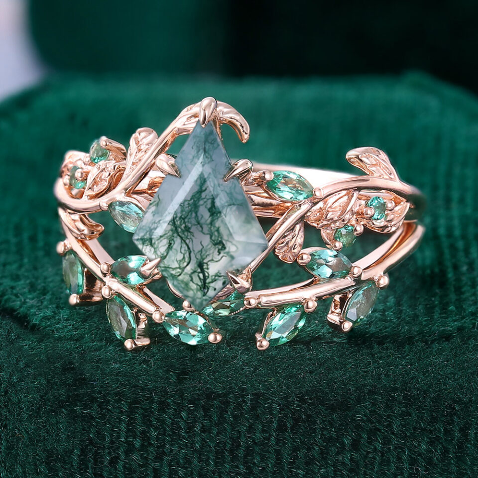 14K Gold Kite Cut Leaves Moss Agate Bridal Set-4