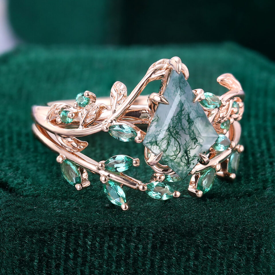 14K Gold Kite Cut Leaves Moss Agate Bridal Set-5