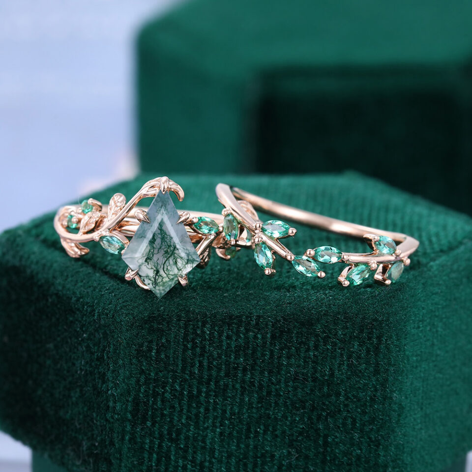 14K Gold Kite Cut Leaves Moss Agate Bridal Set-6