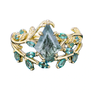 Sterling Silver with Yellow Gold Plated Kite Cut Leaves Moss Agate Bridal Set-27