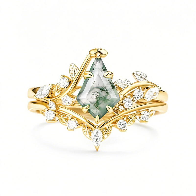 Sterling Silver with Yellow Gold Plated Kite Cut Leaves Moss Agate Engagement Ring-15