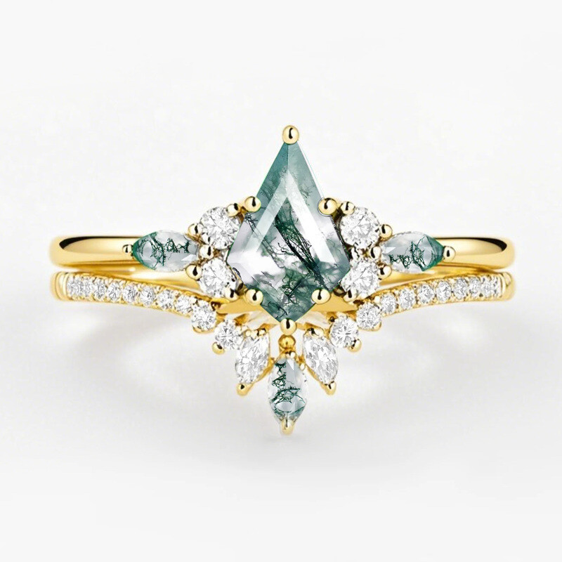 Bague de fiançailles en or 18 carats et agate mousse taille cerf-volant-1