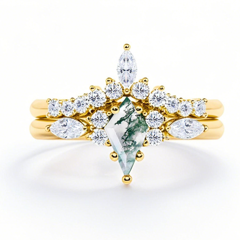 14K Gold Kite Cut Moss Agate Engagement Ring Bridal Set-1