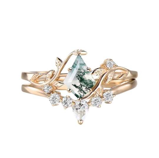 10K Gold Kite Cut Moss Agate Leafy Bridal Band Sets