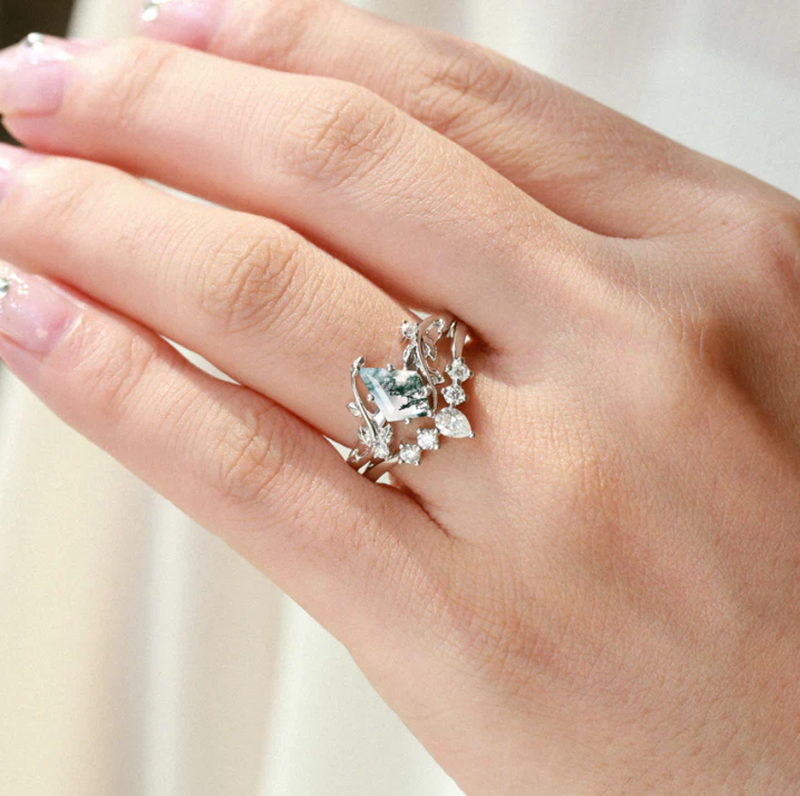 10K gouden vliegergeslepen mos agaat bladvormige bruidsringsets-2