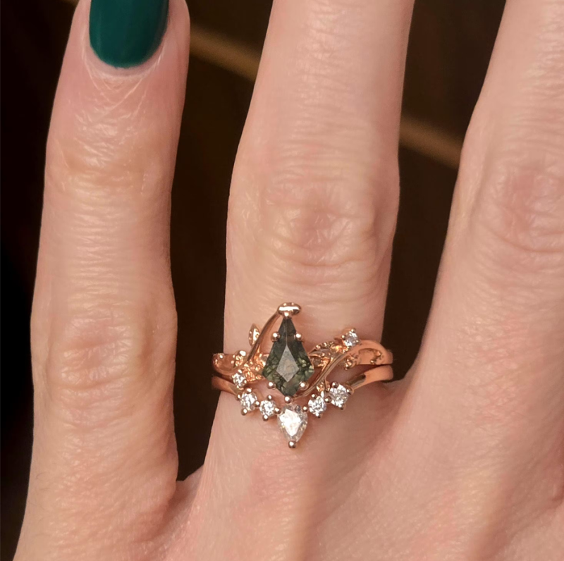 10K gouden vliegergeslepen mos agaat bladvormige bruidsringsets-3